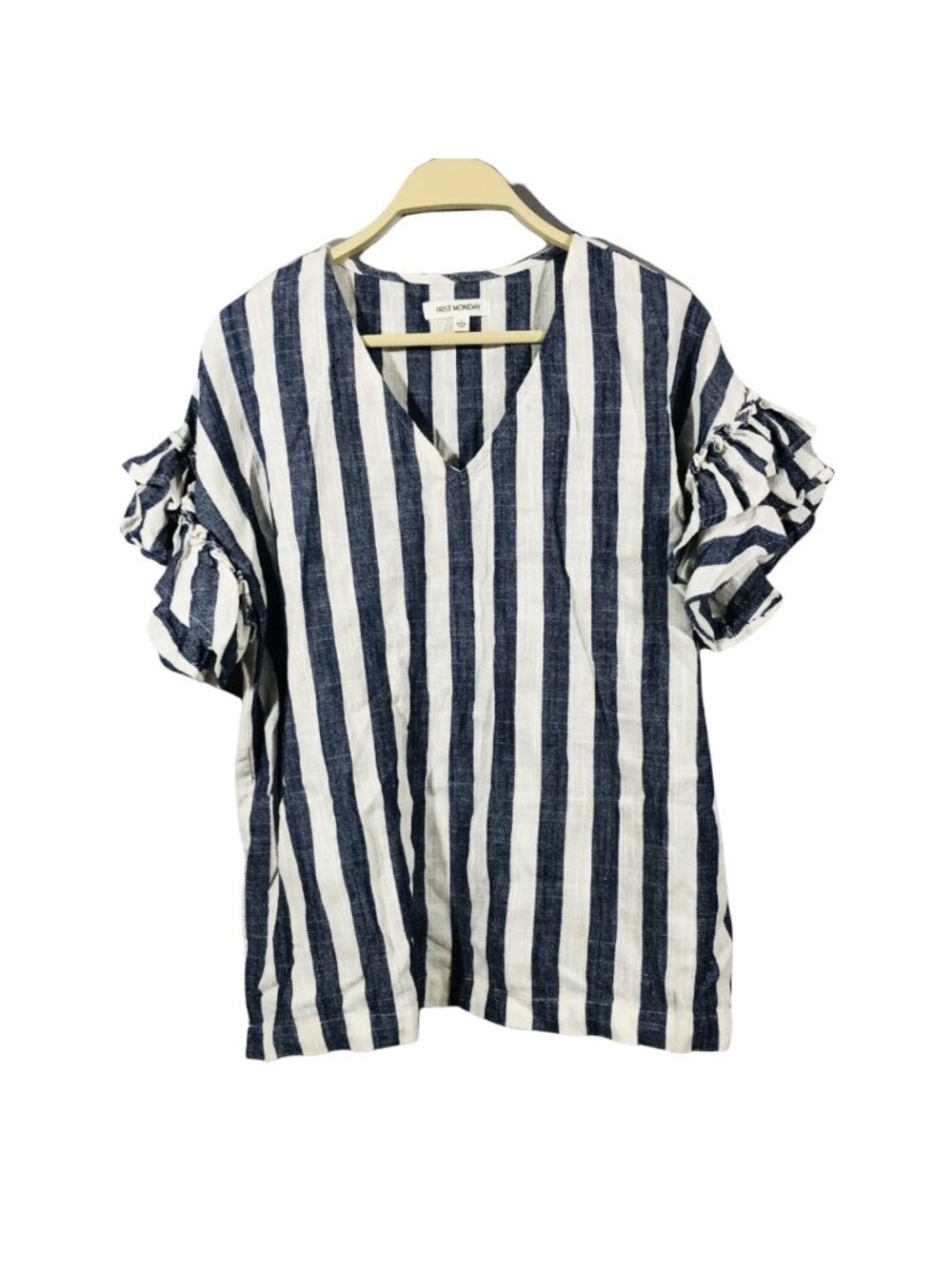 First Monday Linen Blouse Top Women Size S Vneck Blue Stripe Hippie Flared Retro